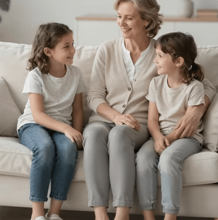An older adult sitting with two children on a couch.