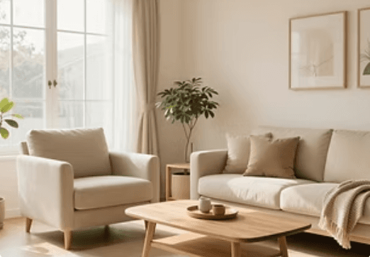 A calm living room with natural light and soft seating.