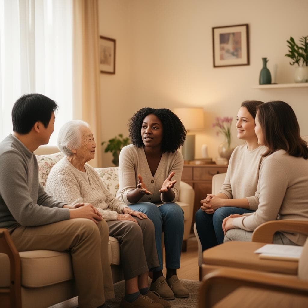 A care coordinator meeting with an older adult and family members in a living room.