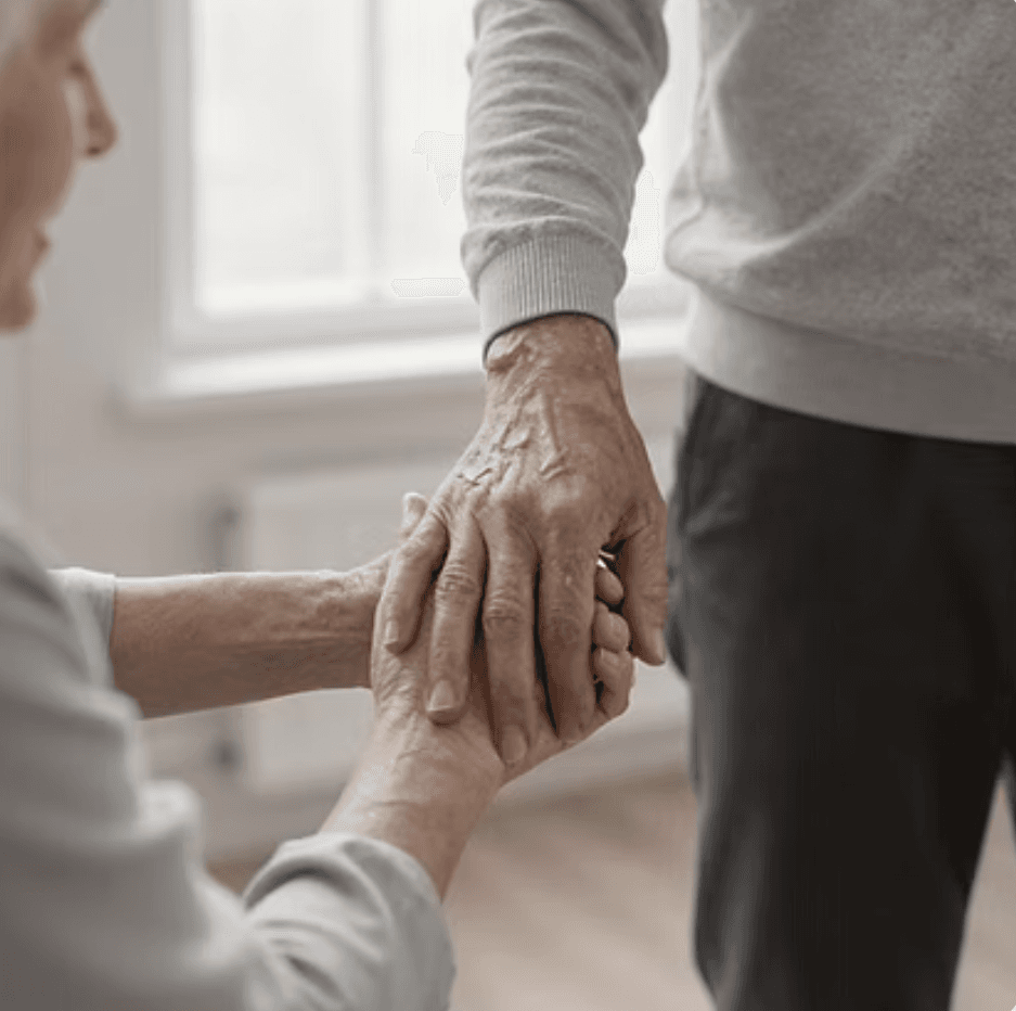 Two older adults holding hands for reassurance.