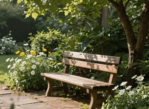 A garden bench in a quiet outdoor setting.