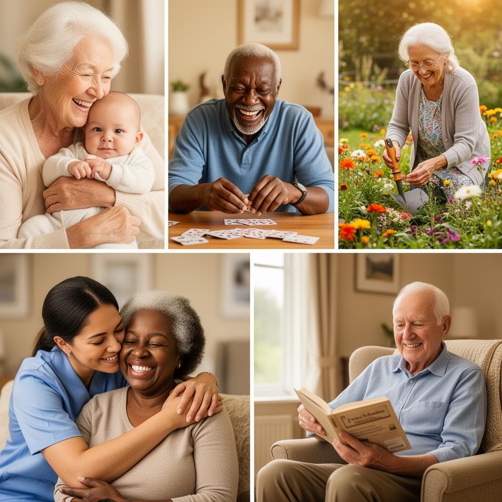 Older adults, a caregiver, and a baby sharing a warm family moment in a living room.
