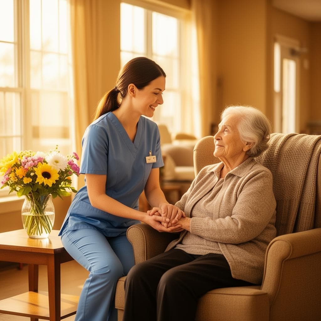 An advisor speaking with an older adult and a family member in a living room.